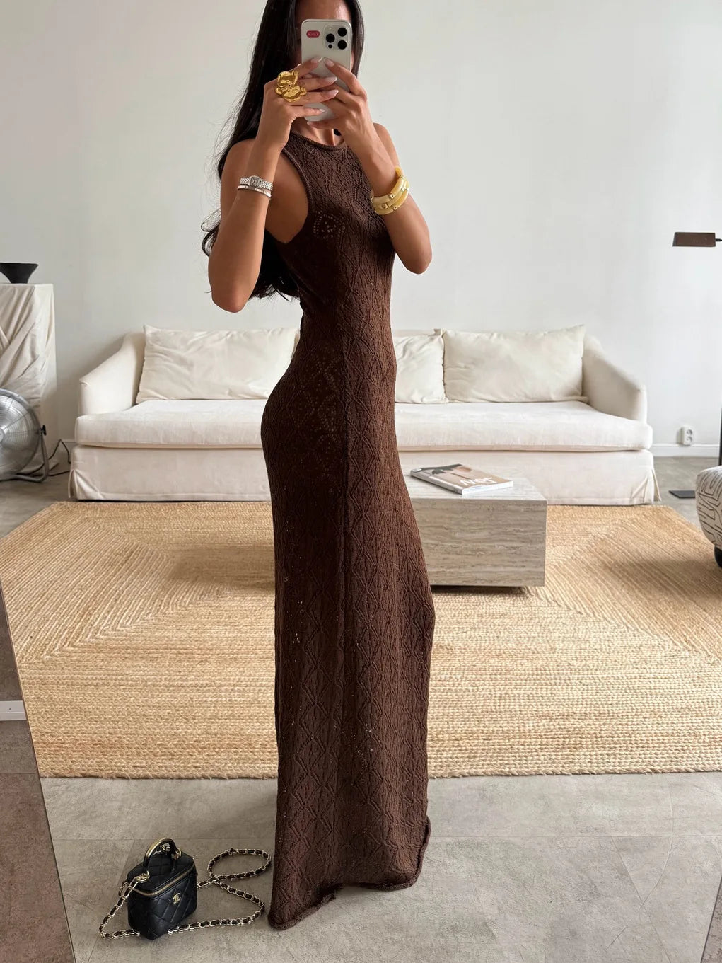 Glorol - See-Through Knitted Sleeveless Maxi Dress