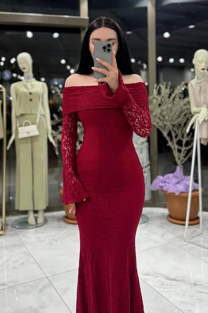 Glorol - Slash Collar Lace Embroidery High Waist Maxi Dress