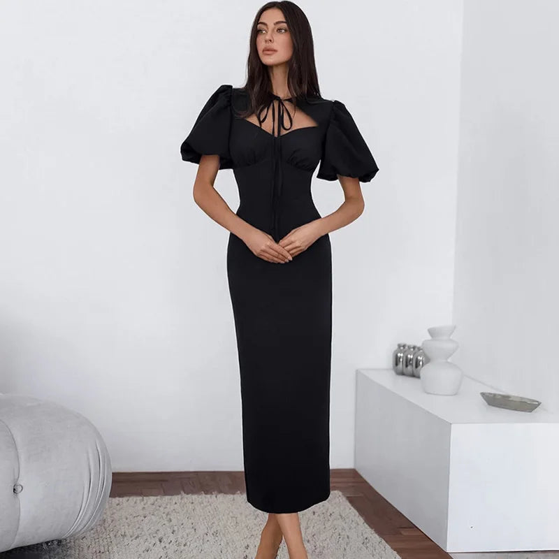 Glorol - Elegant Hollow Out Lace-Up Patchwork Maxi Dress
