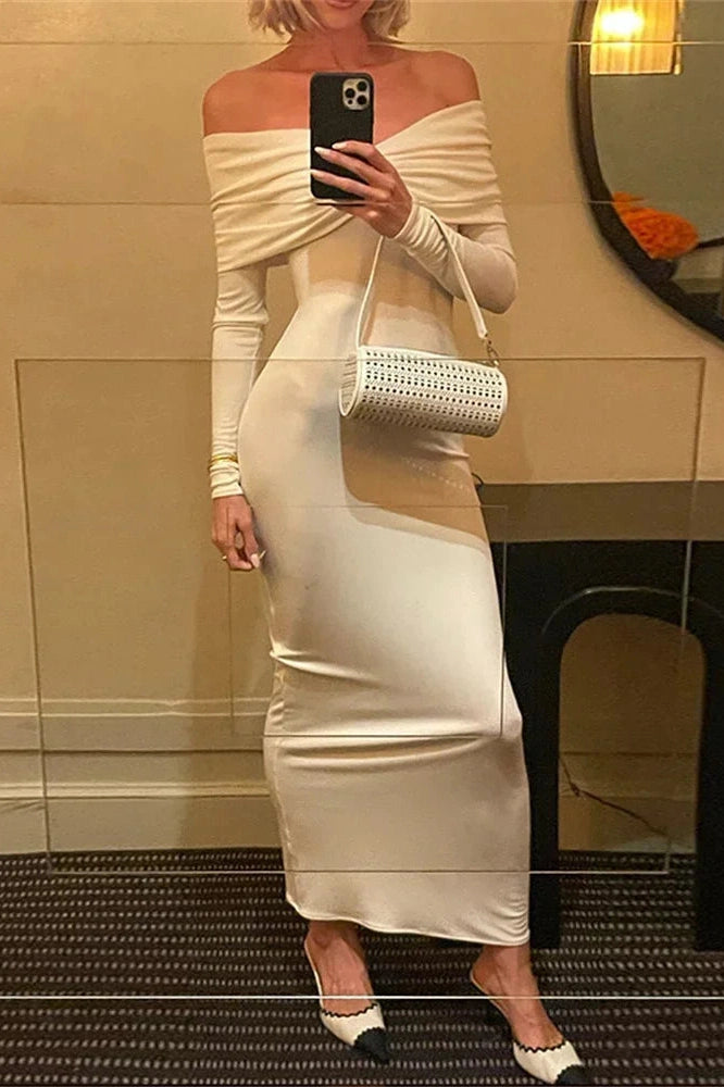 Glorol - Pleated Slim Patchwork Off-Shoulder High Waist Maxi Dress