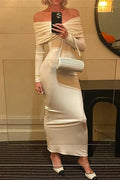 Glorol - Pleated Slim Patchwork Off-Shoulder High Waist Maxi Dress
