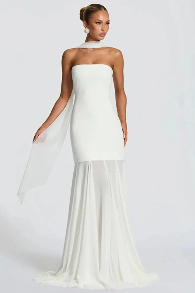 Glorol - Off-Shoulder Strapless Scarf Collar Sleeveless Backless Bodycon Maxi Dress