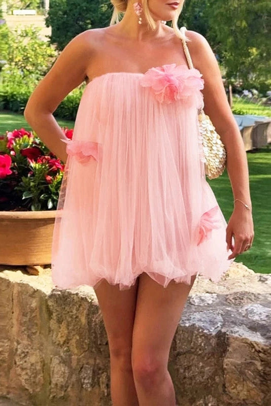 Glorol - Off-Shoulder Strapless High Waist Pleated Mini Dress