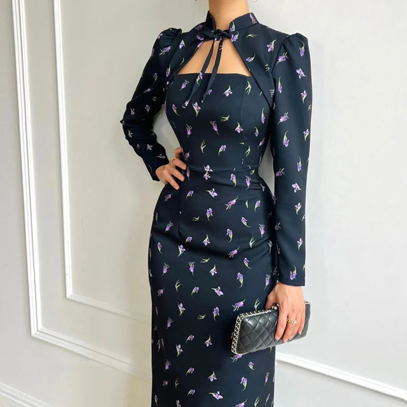 Glorol - Printed Long Sleeve Lace Up Slit Maxi Dress
