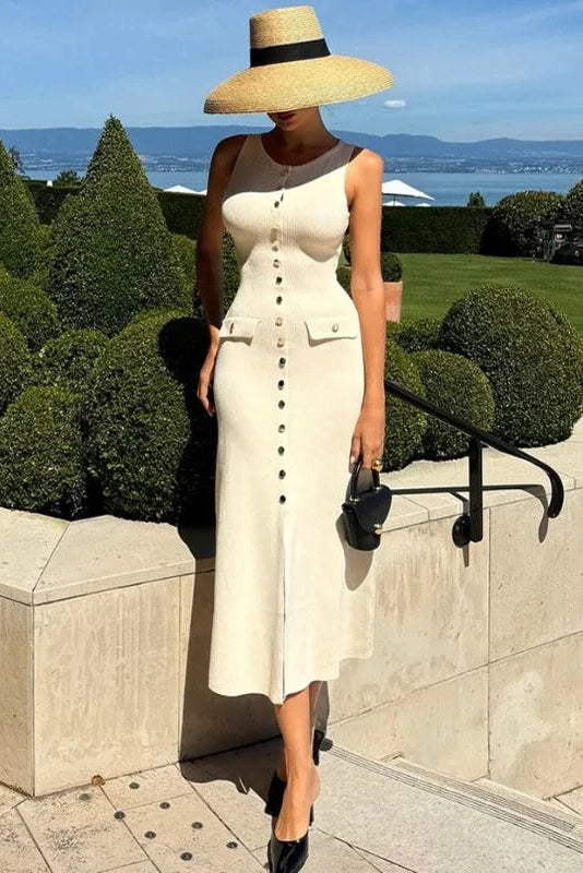 Glorol - Elegant Knitted Sleeveless Button Bodycon Midi Dress