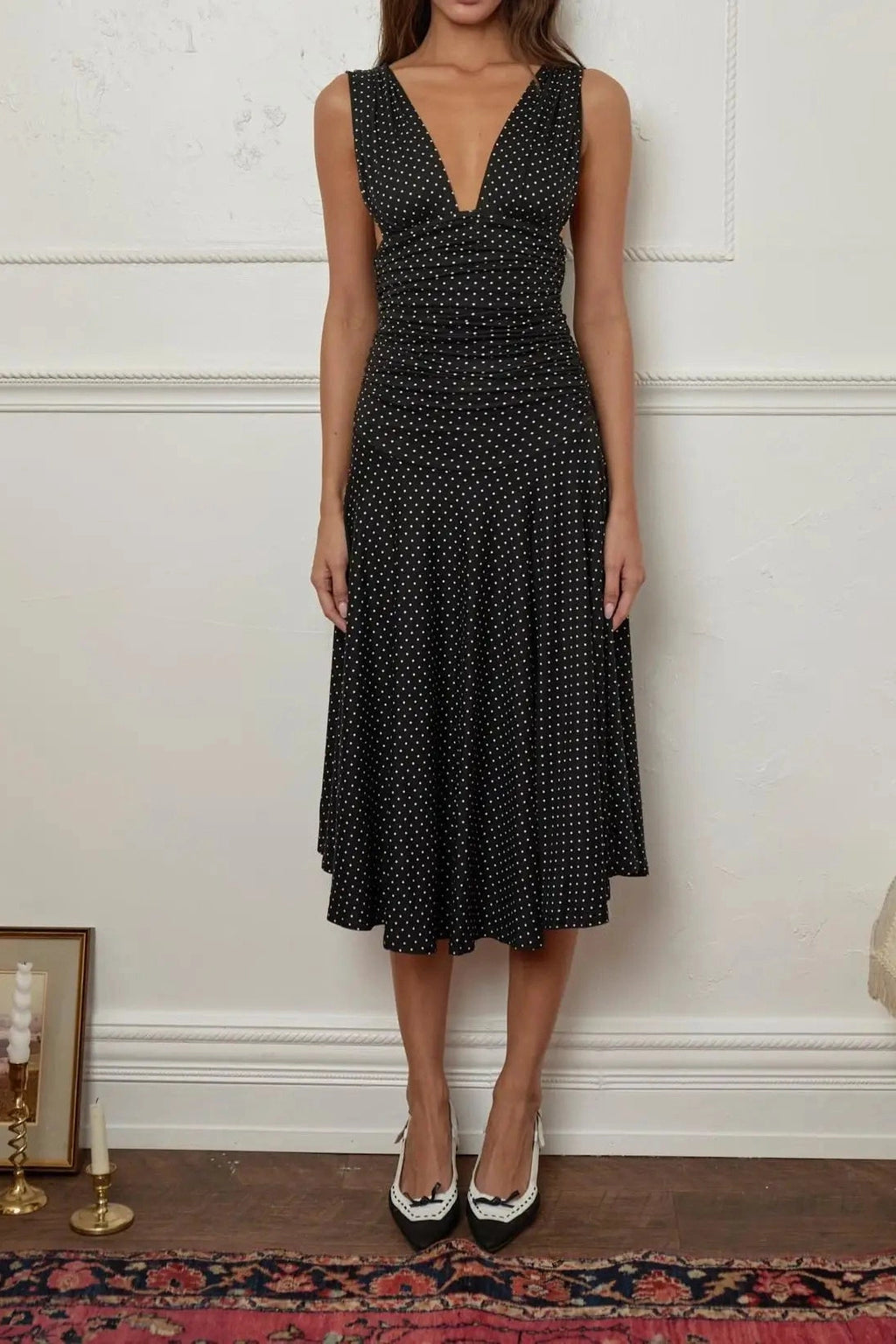 Glorol - Printed Pleated Waist A-Line Sleeveless V-Neck Midi Dress