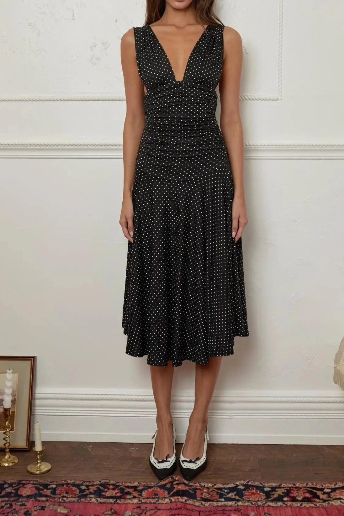 Glorol - Printed Pleated Waist A-Line Sleeveless V-Neck Midi Dress