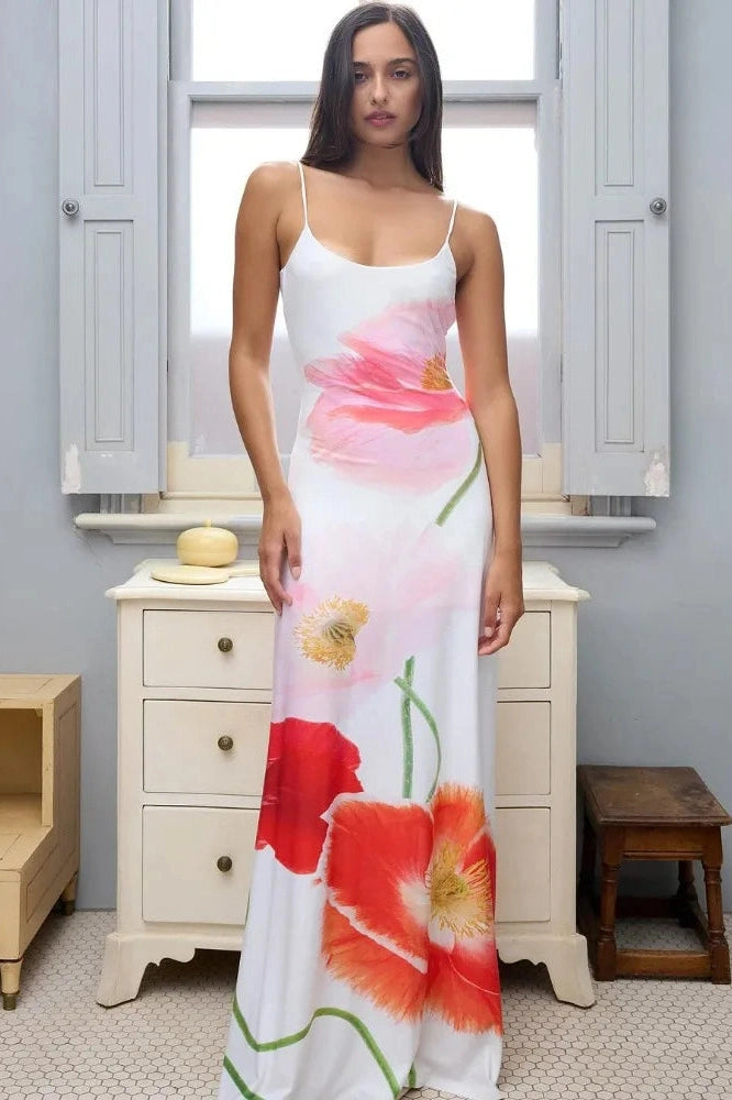 Glorol - Printed Spaghetti Straps Backless Maxi Dress