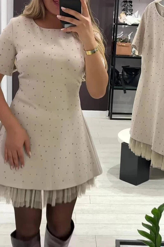 Glorol - Elegant O-Neck High Waist A-Line Short Sleeve Pleat Mini Dress