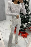 Glorol - Lace Print Long Sleeve Two Layer Jumpsuit