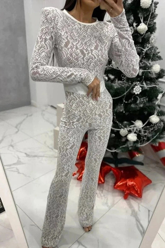 Glorol - Lace Print Long Sleeve Two Layer Jumpsuit