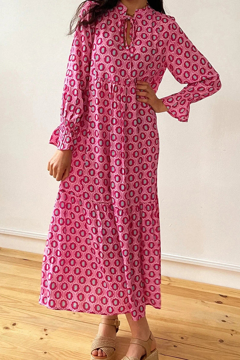 Glorol - Print Tie-Up Long Sleeve V-Neck Maxi Dress