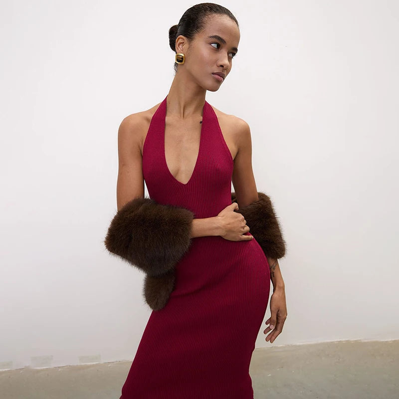 Glorol - Knitted V-Neck Sleeveless Slim Midi Dress