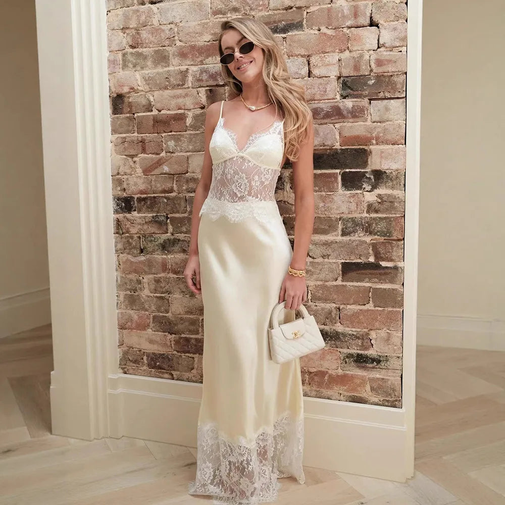 Glorol - Lace Spaghetti Strap V Neck  Backless Maxi Dress