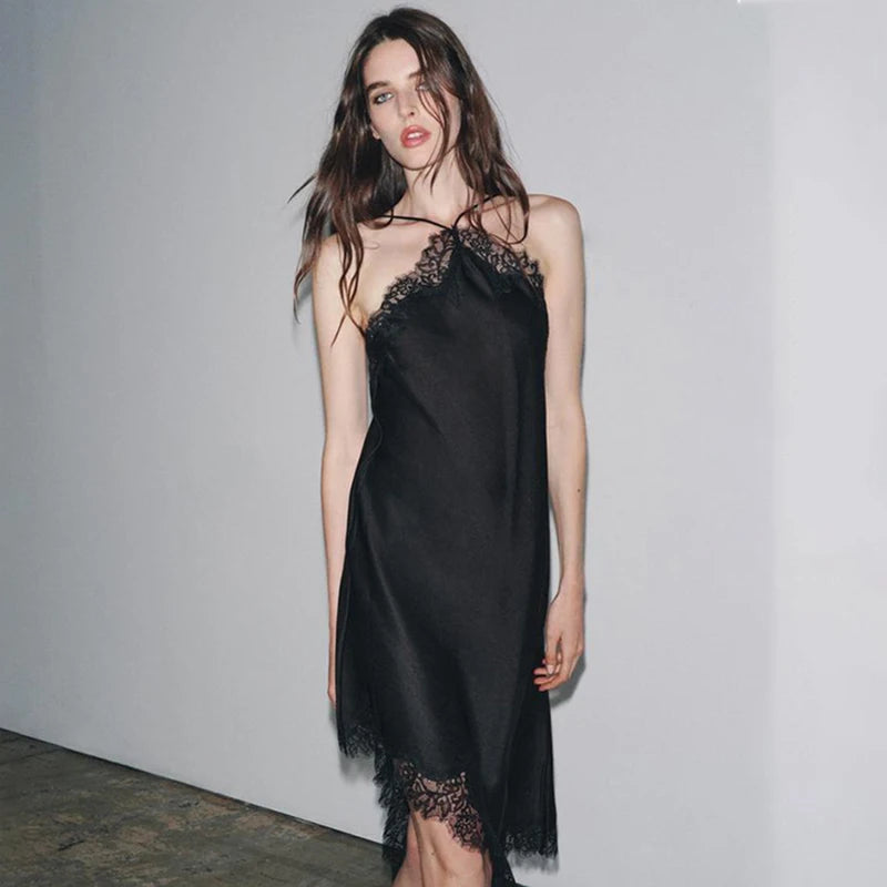 Glorol - Lace Backless Spaghetti Strap Irregular Midi Dress