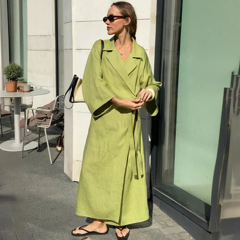 Glorol - Lace Up Long Sleeve Loose Maxi Dress