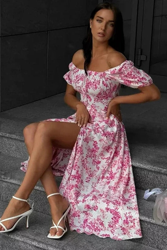 Glorol - Off Shoulder Floral Print Short-Sleeved Lace-Up Slit Maxi Dress