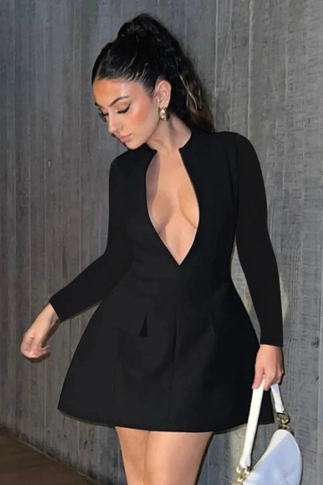 Glorol - Long Sleeve Deep V Neck A-line Mini Dress