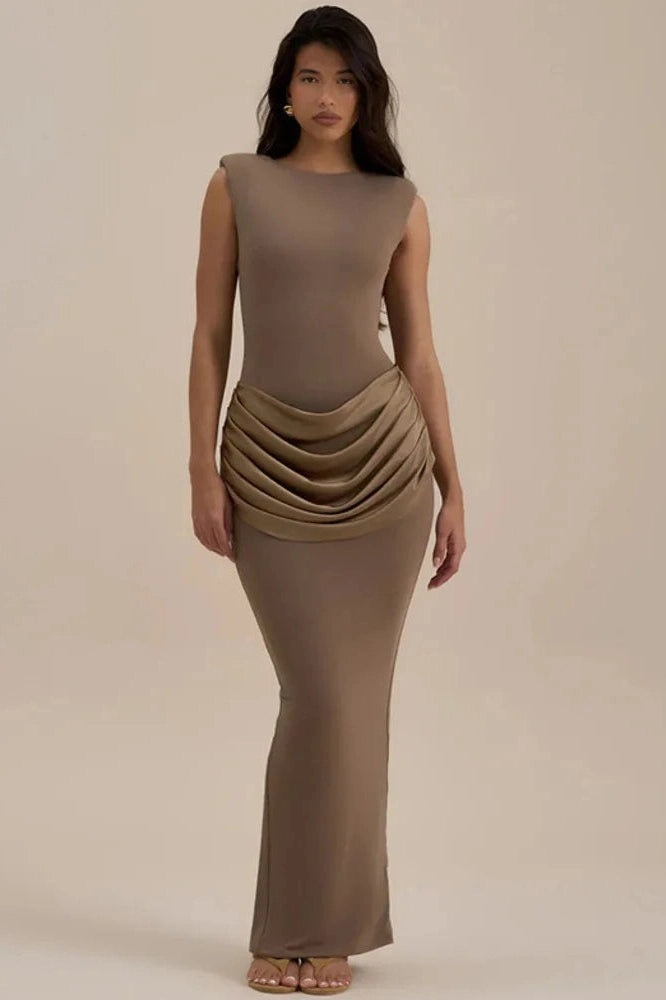 Glorol - Sleeveless High Waist Patchwork O Neck Bodycon Maxi Dress