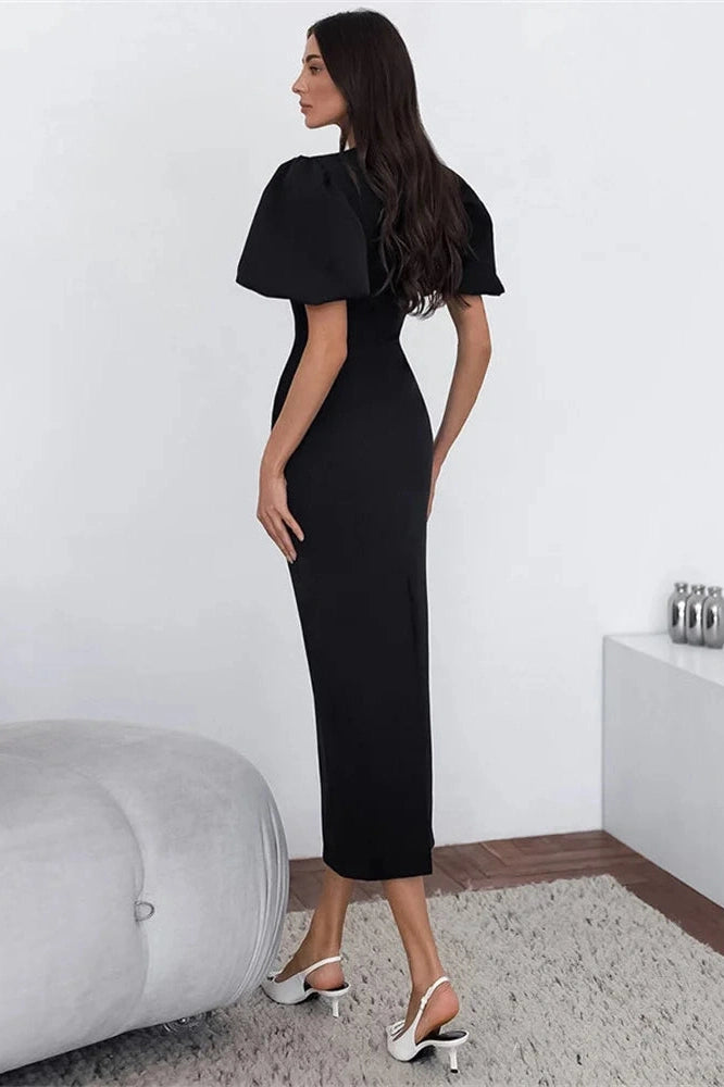Glorol - Lace-Up Slim Short Sleeve High Waist Patchwork Midi Dress