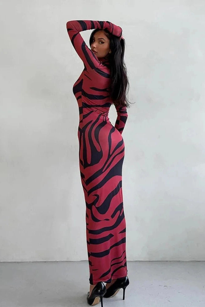 Glorol - Printed Long Sleeve High Waist Maxi Dress