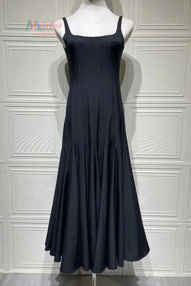 Glorol - Spaghetti Strap Backless Sleeveless High Waist Pleated Midi Dress