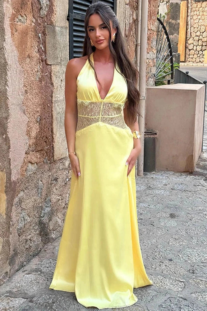 Glorol - Backless Patchwork Lace Deep V Neck Sleeveless High Waist Maxi Dress
