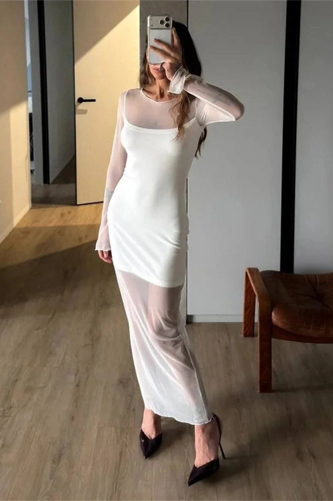 Glorol - See-Through High Waist Patchwork Slim Maxi Dress