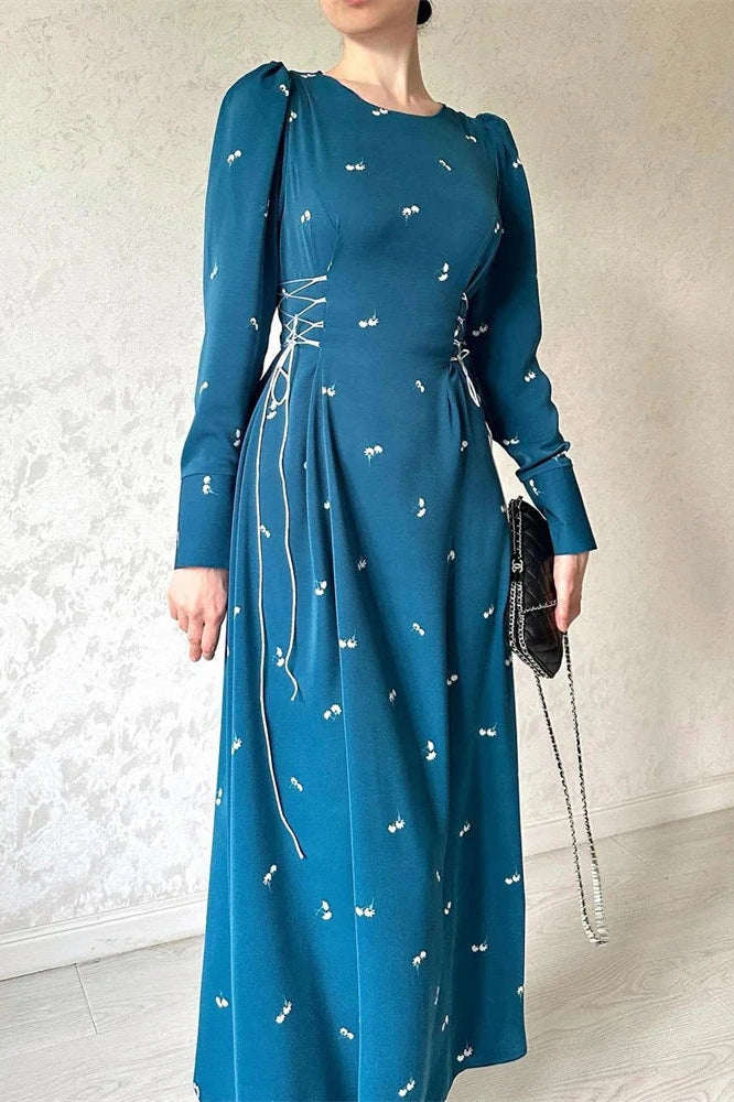 Glorol - Printed Slim Patchwork Lace-Up Long Sleeve Maxi Dress