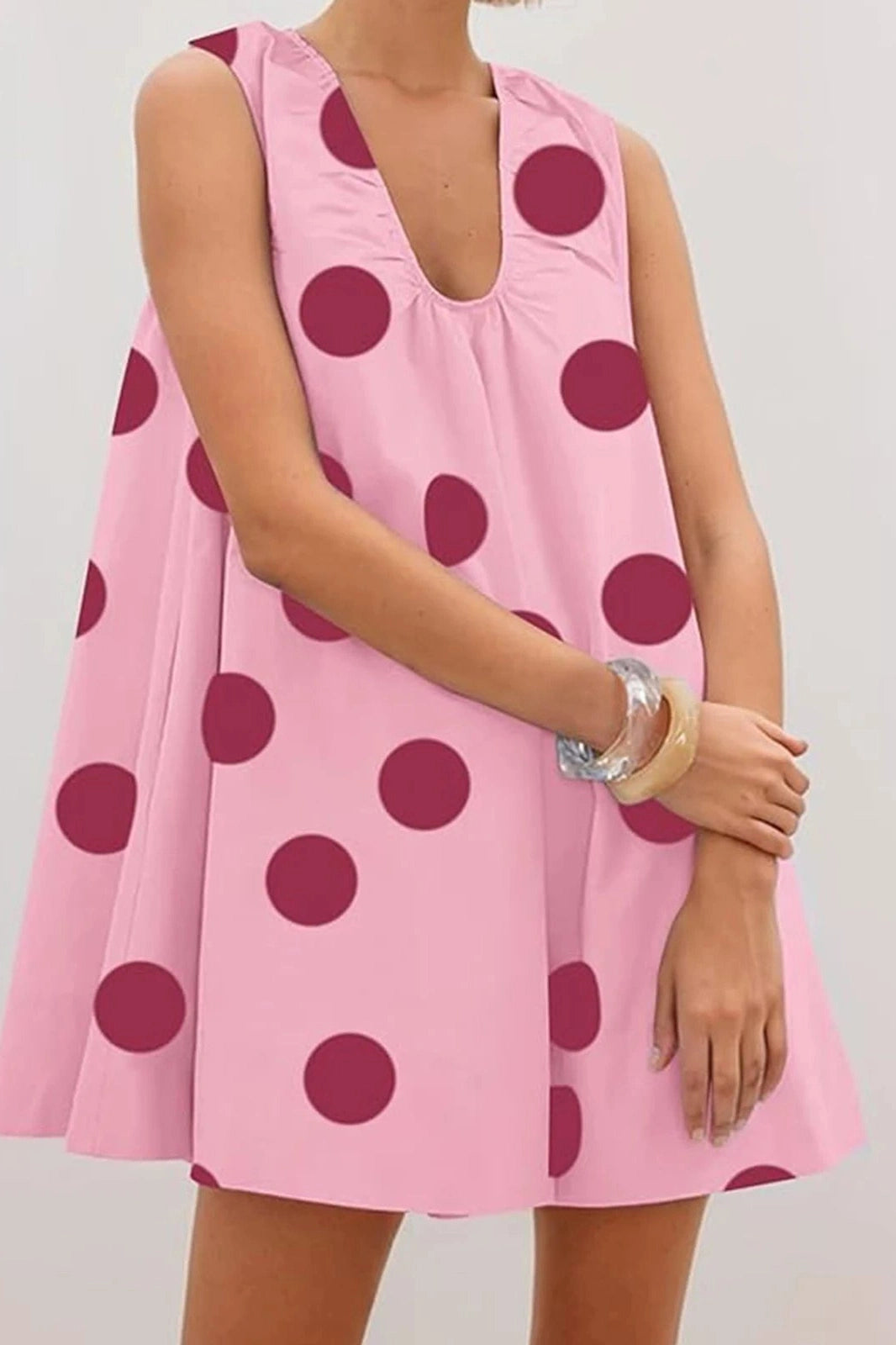 Glorol - Printed V Neck Sleeveless Loose Fit Mini Dress