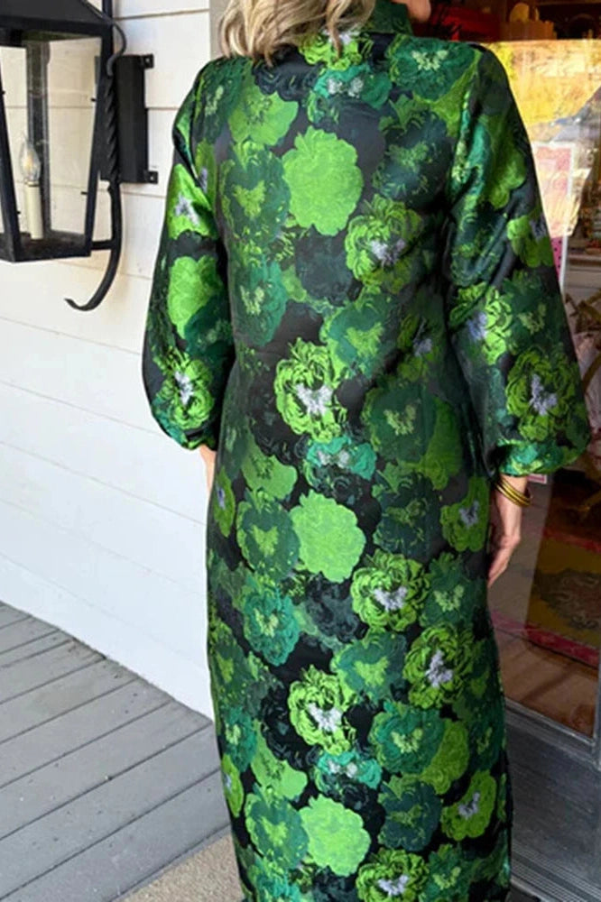 Glorol - Elegant Pocket Floral Printed Long Sleeve Loose Maxi Dress