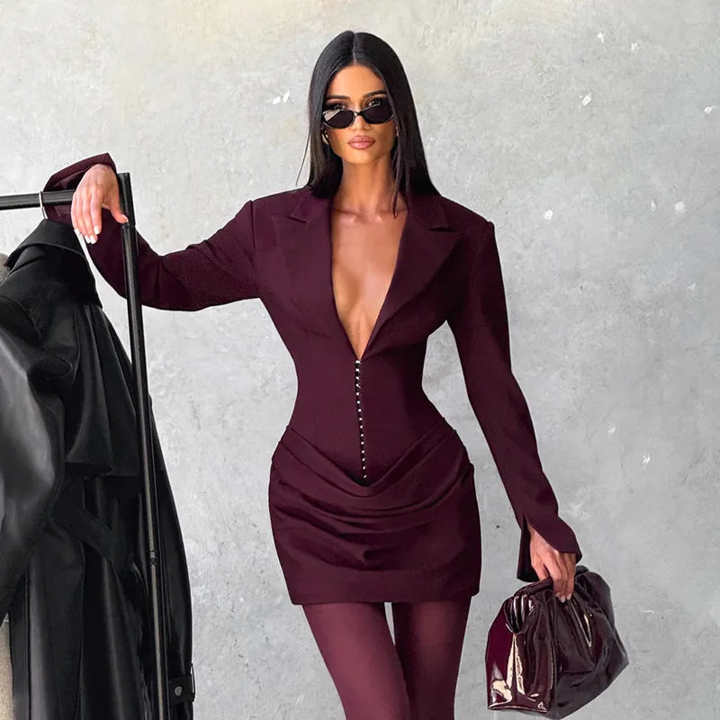 Glorol - Deep V Neck Long Sleeve High Waist Mini Dress