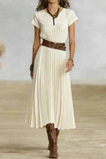 Glorol - O-Neck Short Sleeve Pleated Loose High Waist Midi Dress