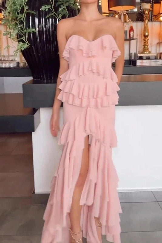 Glorol - Elegant High Waist Split Strapless Maxi Dress