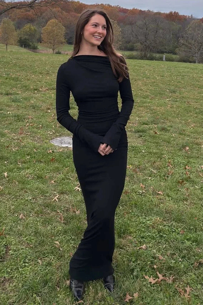 Glorol - Elegant Long Sleeve Bodycon High Waist Maxi Dress