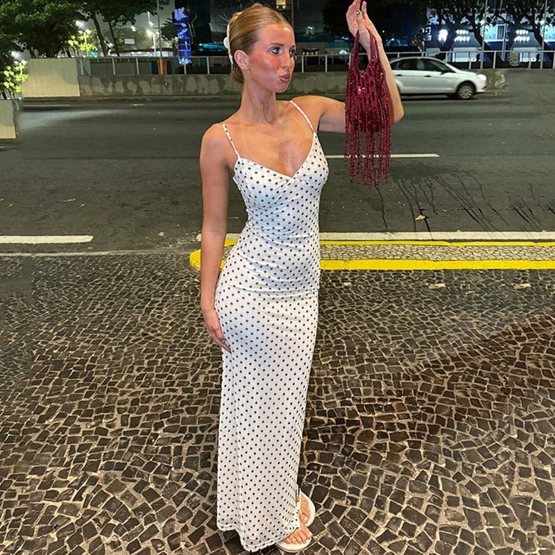 Glorol - Polka Dot Printed Backless Maxi Dress