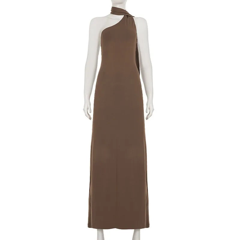 Glorol - Backless Halter Neck Sleeveless Scarf Ribbon Maxi Dress