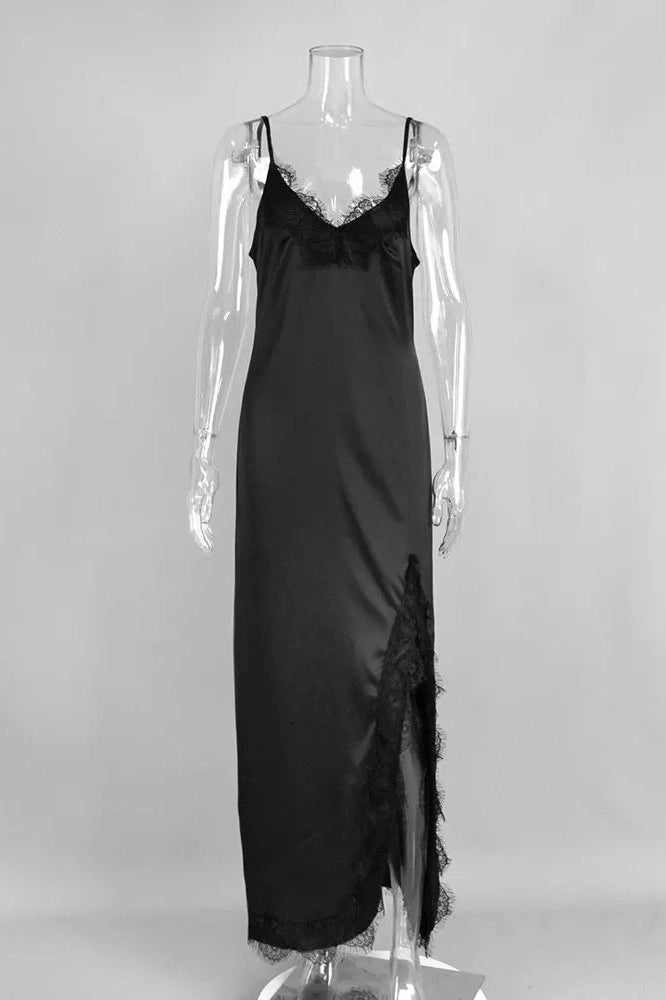 Glorol - Lace Printed V-Neck High Waist Slim Backless Maxi Dress