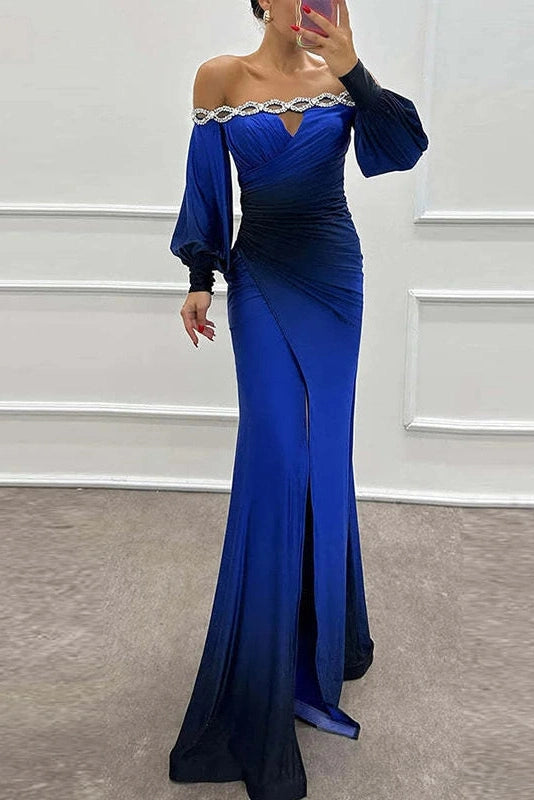 Glorol - Off Shoulder Patchwork High Waist Pleated Slim Sleeves Maxi Dress
