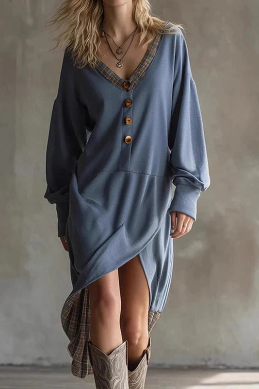 Glorol - Long Sleeve V-Neck Button Split High Waist Irregular Midi Dress