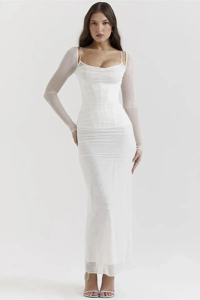 Glorol - Elegant Sheer Long Sleeve Strapless Backless Maxi Dress