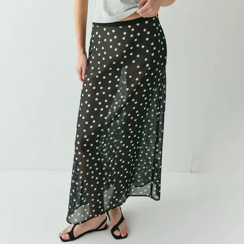 Glorol - High Waist Polka Dot See Through Printed Skirt