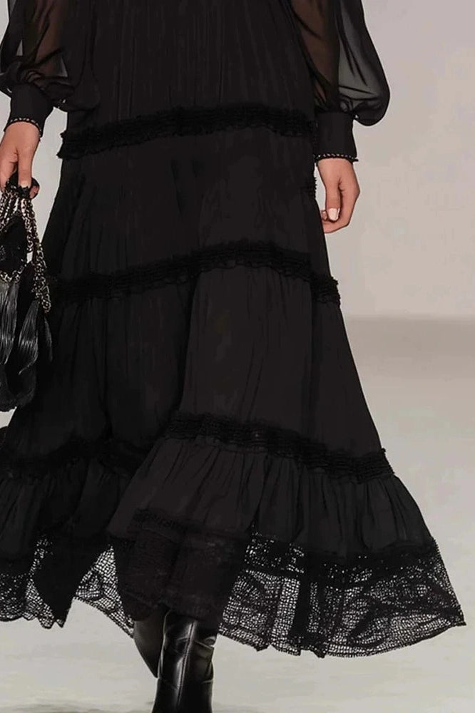Glorol - Pleated V-Neck Long Sleeve High Waist Maxi Dress
