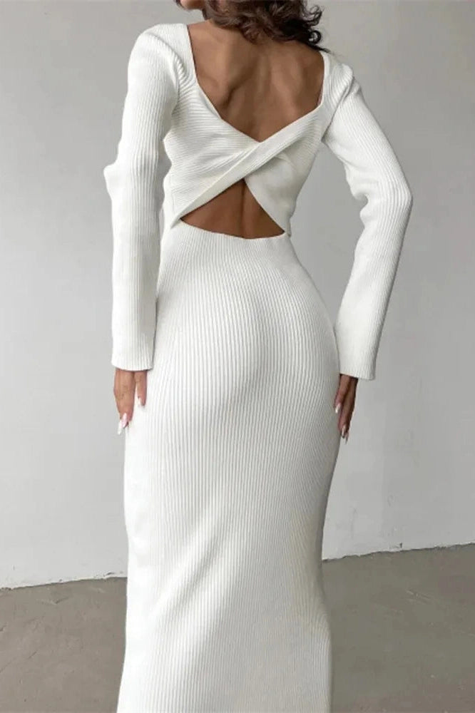 Glorol - Hollow Out Long Sleeve Patchwork Slim Midi Dress