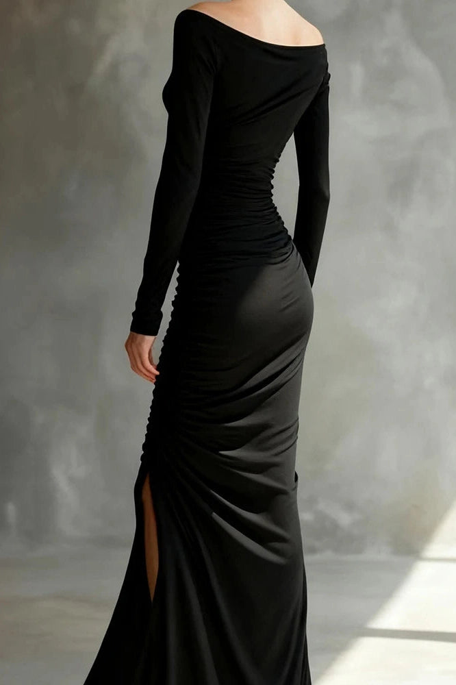 Glorol - Elegant High Waist Split Long Sleeve Slash Collar Maxi Dress
