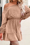Glorol - Slash Collar High Waist A-Line Long Sleeve Mini Dress