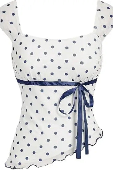 Glorol - Dot Print Slim Fit Square Neck Top