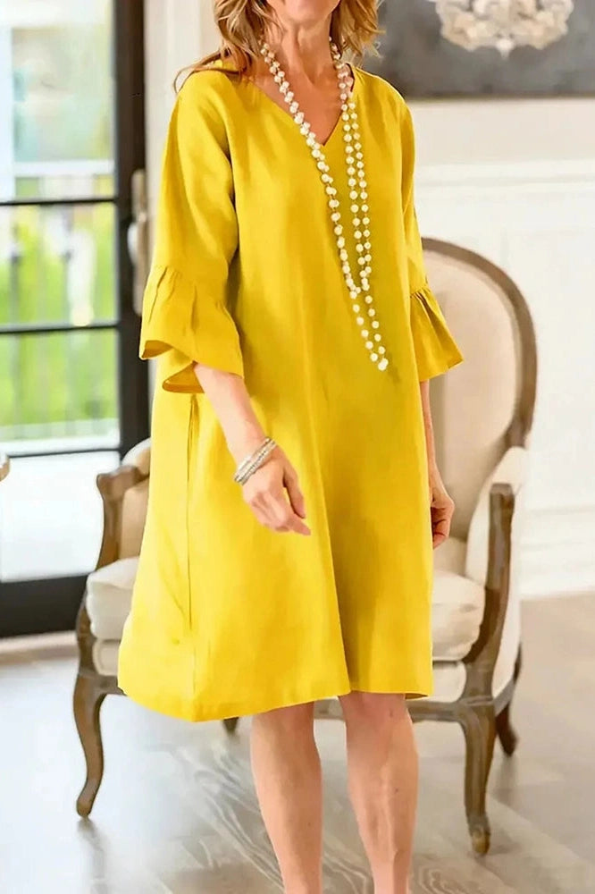 Glorol - Half Sleeve V-Neck Loose Pleated A-Line Mini Dress