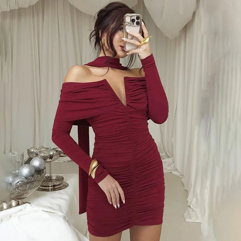 Glorol - Off-Shoulder Scarf Ribbon Long Sleeve Mini Dress