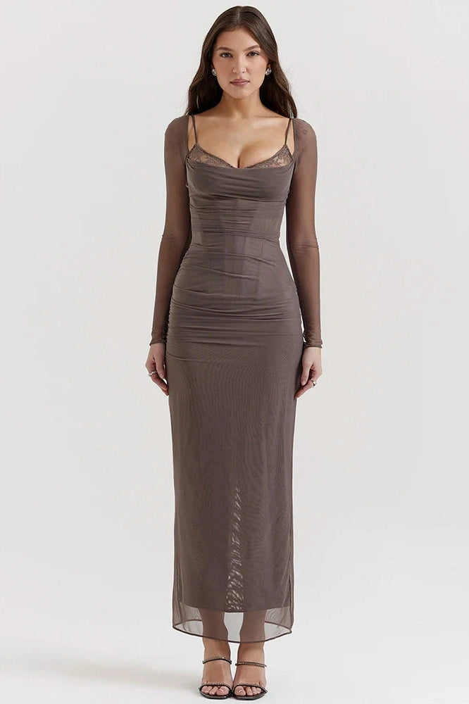 Glorol - Elegant Sheer Long Sleeve Strapless Backless Maxi Dress